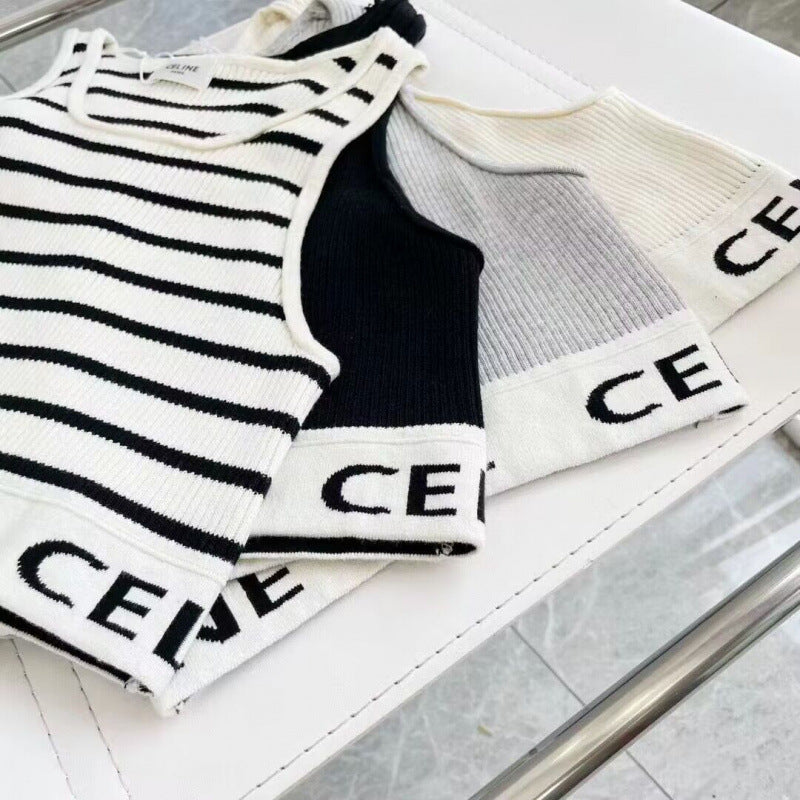 Real shot correct version Ce22 spring and summer new simple striped U-shaped knitted striped vest bottoming short female