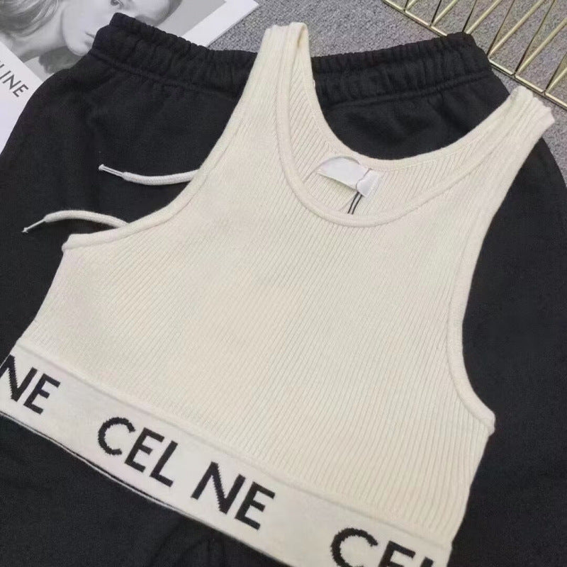 Real shot correct version Ce22 spring and summer new simple striped U-shaped knitted striped vest bottoming short female