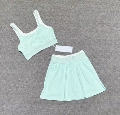 Cross-border yoga tank top short skirt set, fitness sports running with bra pads, bra, fake two-piece yoga suit