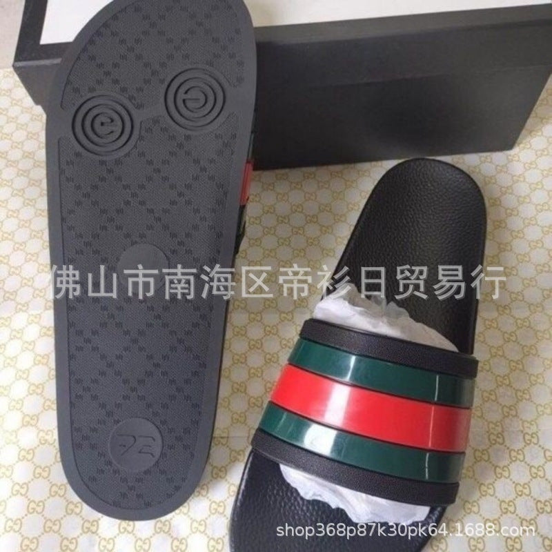 European Station Southeast Asian High Quality Unisex Slippers Thick-soled Stripe Letter Print Anti-Slip Rubber Slippers