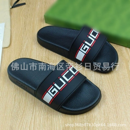European Station Southeast Asian High Quality Unisex Slippers Thick-soled Stripe Letter Print Anti-Slip Rubber Slippers