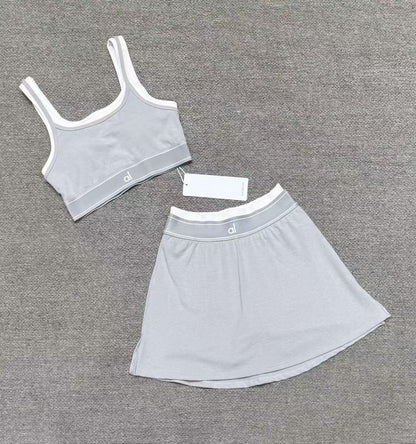 Cross-border yoga tank top short skirt set, fitness sports running with bra pads, bra, fake two-piece yoga suit